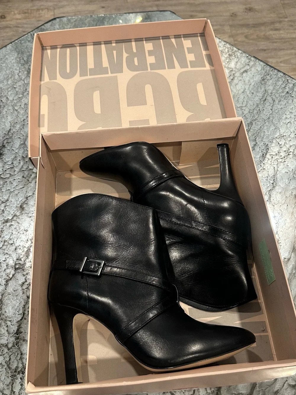 BCBG Black Leather Pointed-Toe Ankle Booties with Buckle Strap - Picture 7 of 7